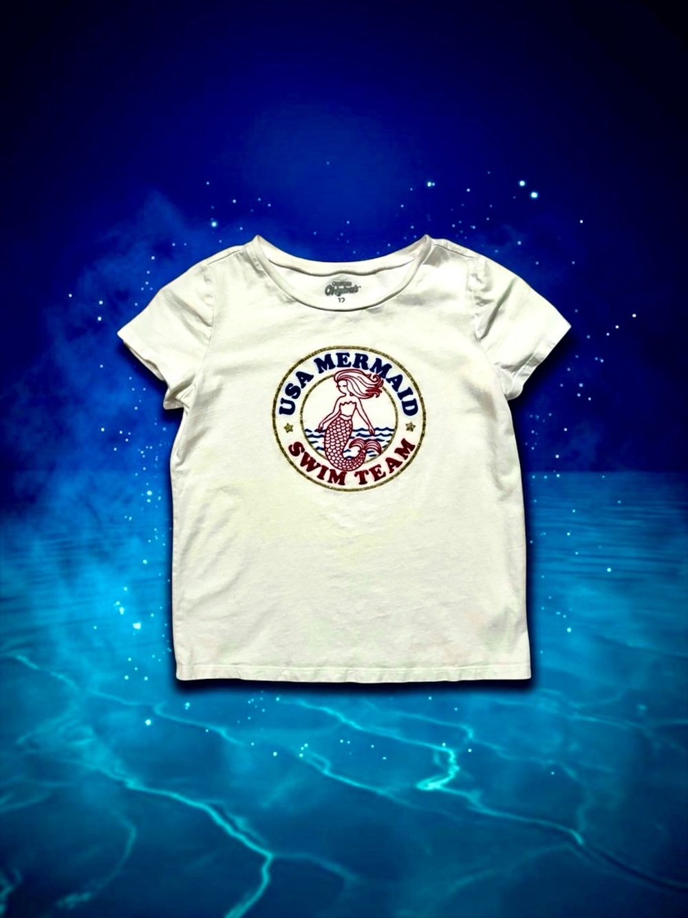 OshKosh Girls USA Mermaid Glitter Tee White 12 EUC
